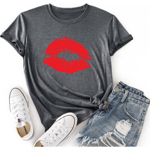 Woman Short Sleeve Colored Graphic Tees Summer T-Shirt Female Tops Shirts for Women Red Kissing Lipstick Kiss Kissing Lip