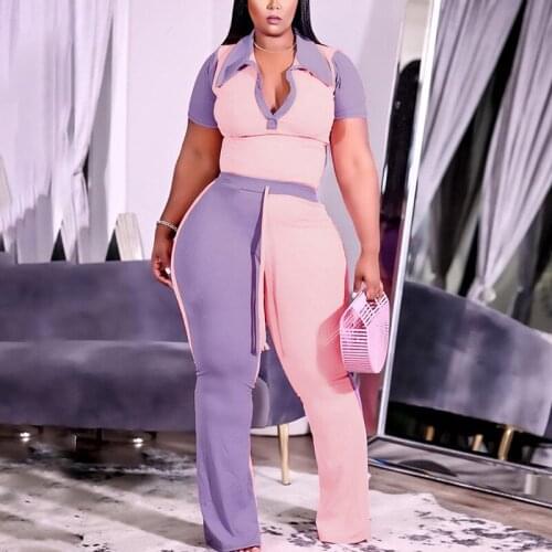 Women 2 Pieces Pants Sets Color Block Short Sleeve V-Neck T-shirt & Bodycon Long Pants Summer 2021 New