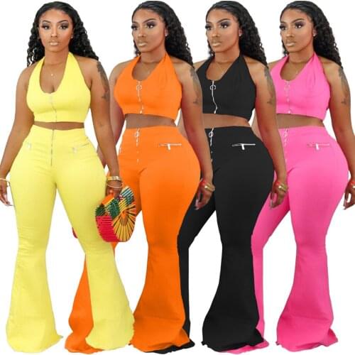 Big Size Casual Women Solid Two Piece Sets Fashion Ladys Halter Sleeveless Crop Tops High Waist Zipper Bell Pants Sets