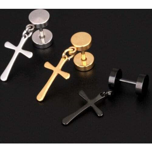 1PC Punk Men Earrings Hypoallergenic Barbell Cross Pendant Ear Stud Earrings for Women Stainless Steel Earrings Party Jewelry