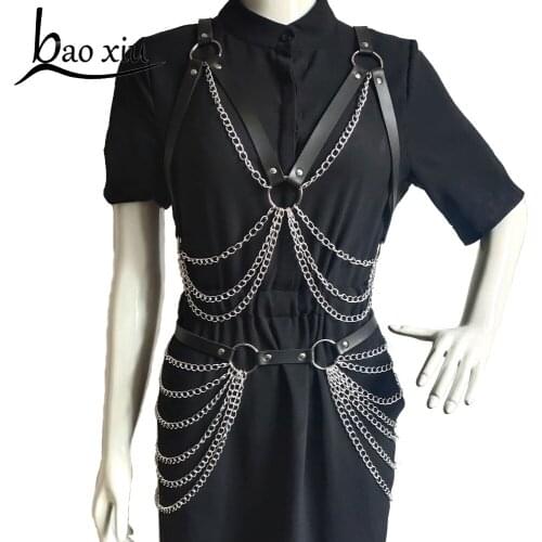 2PCS Sexy Leather Harness Belt Women Bra Suspenders Belt Tassel Chain Corset Leather Dress Stockings Garters Straps Accessories