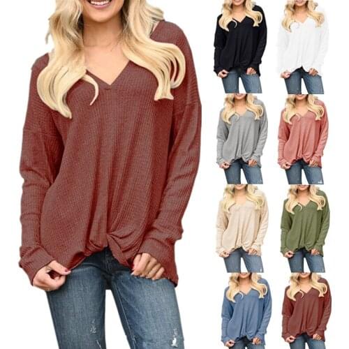 2021 Womens Autumn Style Solid Color Splicing Loose-Fit Pullover V-neck Chic Kink Versatile Urban Leisure Long Sleeves T-shirt