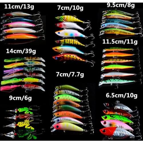 45pcs/lot Fake Fish bait Set Mixed 8 Varisized Models Hard Baits Minnow/VIB Soft Frog and Sleeve-fish Fishing Tackle 45 Colors