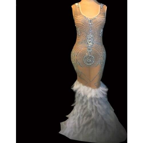 Sparkly Crystals Mesh Feather Dress Womens Evening Party Wear Luxurious Dress Prom Birthday Celebrate Female Singer Dresses