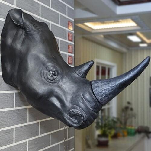 LARGE 62CM HOME STATUE DECOR ACCESSORIES VINTAGE RHINOCEROS HEAD SCULPTURE LIVING ROOM BACKGROUND WALL DECOR RESIN ANIMAL STATUE