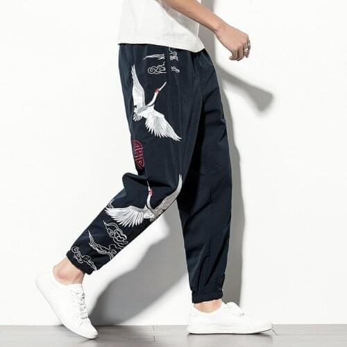 Men Casual Chinese Style Pants Crane Embroidery Loose Trousers New Summer Japanese Elastic Waist Harem Pants Streetwear KK3325