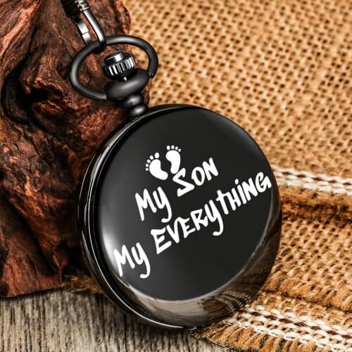 My Son My Everything Boys Black Pocket Watch Flip Cover Quartz Classic Big Dial Durable Chain Pendant Birthday Present For Son