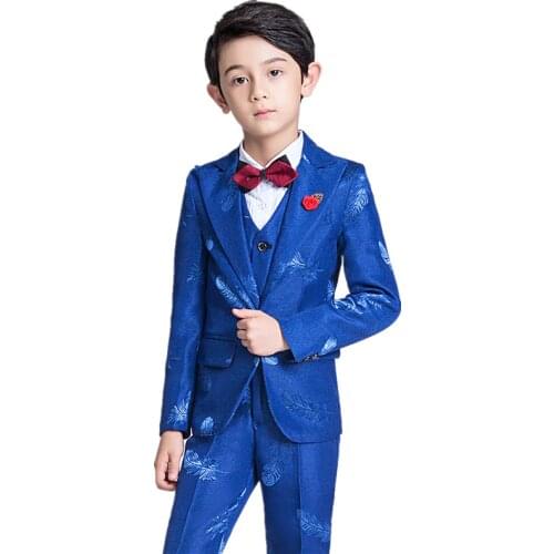 Childrens Boy Suit Blue Suit In Spring Autumn wedding set including 5 Pieces jacket +vest +shirt+pants+bow tie size 2-13 years