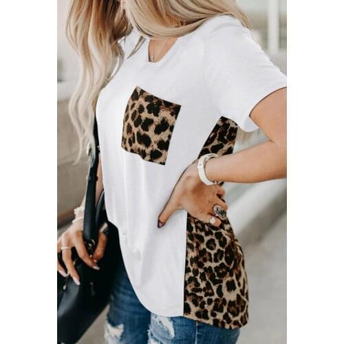 V-neck T-shirt Leopard Pocket Tee Women Summer Short Sleeve 2021 Fashion Leopard Back Tops Tee Summer New Loose Tee Shirt Female