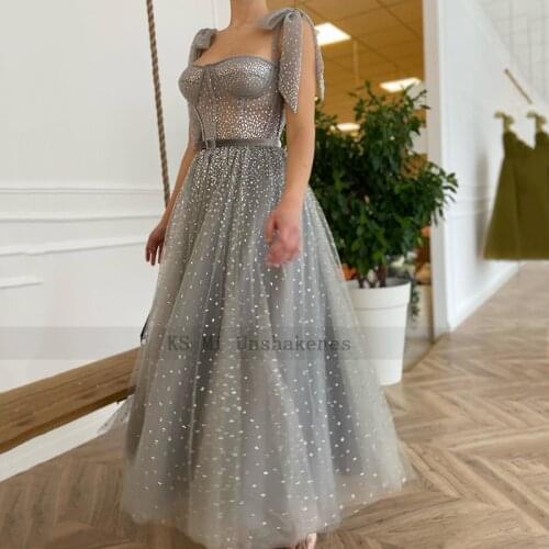 Gray Prom Dresses Short Celebrity Dress 2021 Suknie Wieczorowe Belt Straps Glitter Tea Length Formal Evening Party Gowns