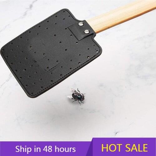 Leather Swatter Wooden Handle Household Easy Using Bug Pad Hang Household Fly Swatter Mosquito Slap with Wooden Handle