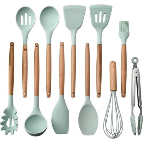 Kitchen Tools Kitchen Utensils Wood Handle Silica Gel Cooking Utensils 11 Sets Non-Stick Pot Shovel Kitchenware 11 Sets