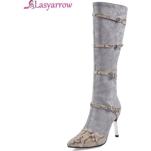 Lasyarrow Winter Knee High Boots Women Snake Print Buckle Thin Heel Tall Boots Zipper Super High Heel Shoes Lady Autumn Size 48