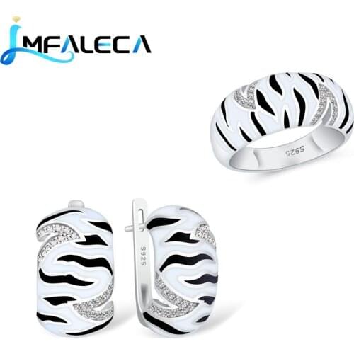 LMFALECA Women Silver 925 Jewelry Earrings Ring Sets Gift White Black Enamel Clip Earring Wiht Stone Fine Party Birthday Jewelry