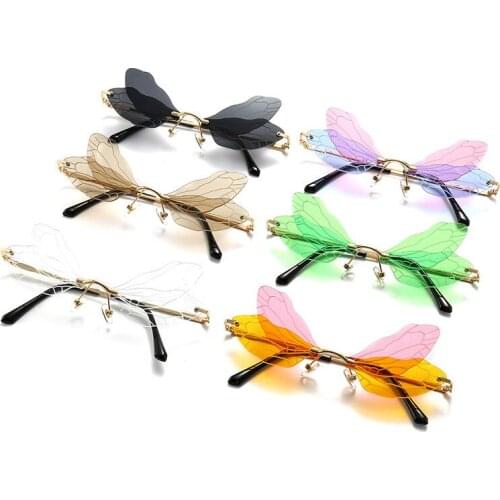 Fashion Rimless Dragonfly Wing Sunglasses Women Vintage Clear Ocean Lens Eyewear Men Pink Yellow Sun Glasses Shades UV400