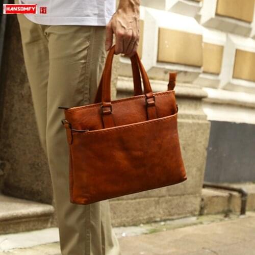 Genuine Leather Mens Bag Handbag Business Male Briefcase 14 Inch Computer Bag Men Retro Cross Section Shoulder Messenger Bags