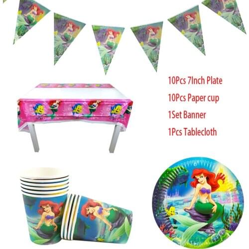 The Little Mermaid Princess Theme Disposable Set Paper Napkins Plate Cup Banner Party Decoration Party Supplies Set