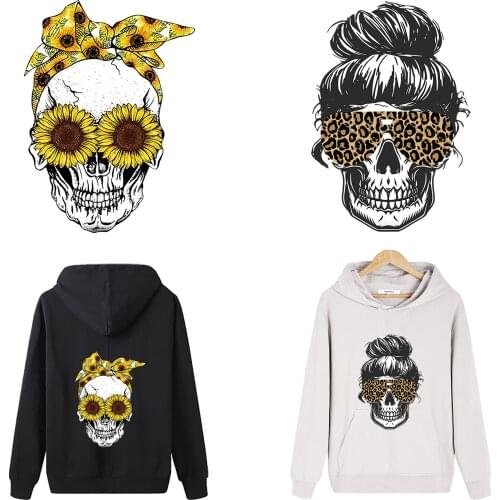 Sunflower Skull Patches Mom Iron Sitcker On Clothes Heat Transfer Thermo Sticker DIY T-Shirts Iron On Transfer Stripe On Clothes