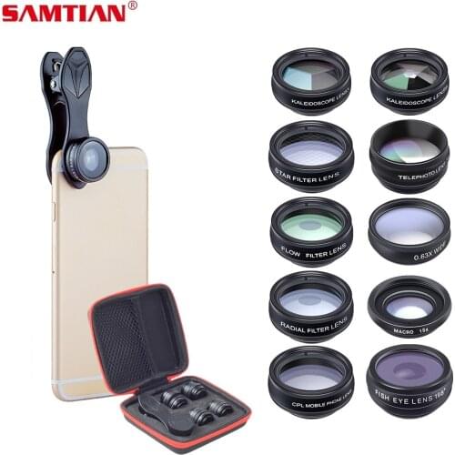 SAMTIAN mobile phone lens accessories 10 set with Fisheye Wide Angle macro CPL Filter Kaleidoscope 2X Telescope Lens for phone