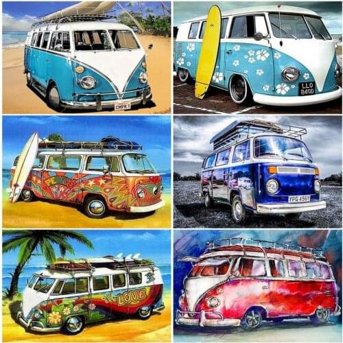 Scenery Paint By Number Colour Bus Oil Painting DIY Craft Kits For Adults Handmade Frame Picture Drawing Picture By Number Decor