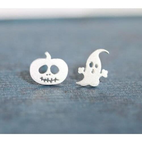 Real 925 Sterling Silver Halloween Ghost Pumpkin Cute Earrings Personality Asymmetric Jewelry for Women Girls Party Mujer SE071