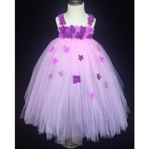 Girls Pink Flower Dress Kids Crochet Long Tutu Dress with Ribbon Bow and Headband Children Wedding Dress Ball Gown Party Clothes