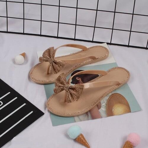 Sexy Fashion roman rhinestone bow wild outdoor plus size women slippers New summer comfortable flat bottom female flip-flops