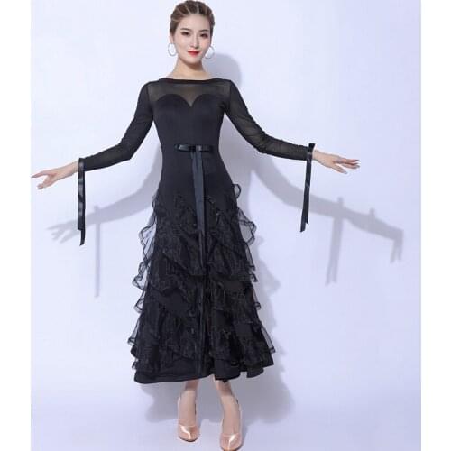 Fairy Ballroom Dance Dress Women Fall Winter Long Sleeve Waltz Dance Costume Tango Flamengo Competition Wear Long Dress VDB2835