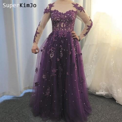 SuperKimJo Vestidos De Fiesta De Noche Largos Elegantes Purple Prom Dresses 2019 Lace Applique Beaded Elegant Prom Gown