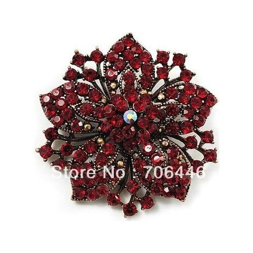 Vintage-Bronze Plated Dark Red Rhinestone Crystal Diamante Flower Bouquet Pin Brooch