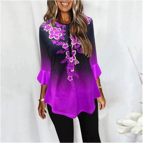 Floral Print Vintage Blouse Flare Sleeve Women Irregular Shirts Casual O Neck Long Sleeve Office Lady Elegant Ruffle Tops #40