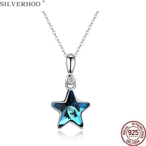 SILVERHOO Sterling Silver 925 Jewelry Blue Star Necklace Pendant Trendy 5A+ Zircon Crystal Necklaces For Women Anniversary Gift