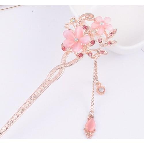Pearl Tassel Hairpin Chinese Drama Hair Stick Flowers Headwear Oriental Traditional Hair Accessories Crystal Bead Hair Clasp