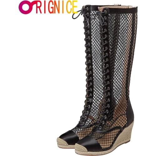 Orignice Women Platform 8cm Wedges Heels Breathable Knee High Boots Hollow Out Cross Tie Sandals Round Toe Zipper Summer Shoes