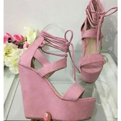 Moraima Snc Pink Suede Lace-up Wedge Sandal for Woman Summer Peep Toe Platform Dress Shoes Cutouts Gladaitor Sandal