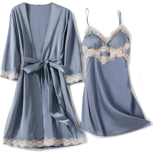 Sleep Sets Womens 2pcs Robe Suit Spring Sleepwear Casual Nighty Wear Pajamas Sexy Strap Nightwear Kimono Bath Gown Homewear