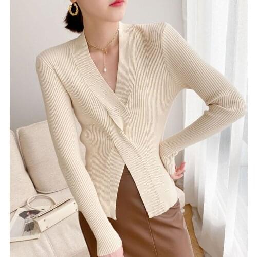 Pullover Sweaters Female Apricot Knitted Pullovers Cross V Neck Long Sleeve Slim Knit Vintage Sweater Blusa De frio Feminina Top