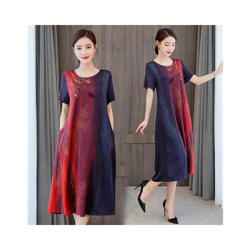2021 Women Imitation Silk Middle Aged Old Women Long Dresses Loose Embroidery Casual Vestidos Elegantes Dress Plus size 5xl