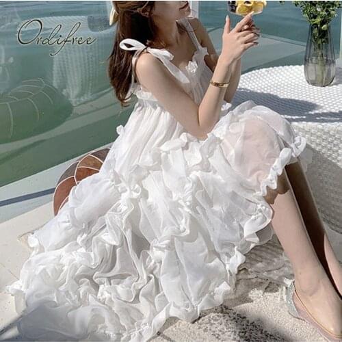 Ordifree 2021 Summer Elegant Party Dress Women Off Shoulder Slash Neck Sexy Holiday Beach Dress Sweet Ruffles Tulle Dresses