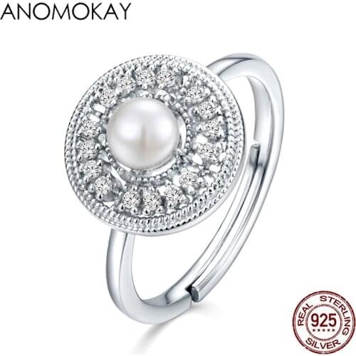 Anomokay European American Trendy 925 Sterling Silver Round Abstinence Women Rings Shinny White CZ S925 Silver Ring Fashion Gift