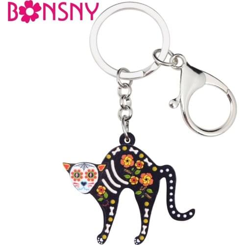 Bonsny Acrylic Halloween Floral Cat Kitten Key Chains Keyrings Gift For Women Girl Ladies Handbag Charms Novelty Jewelry Bulk