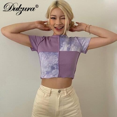 Dulzura Tie Dye Print Women Patchwork Short Sleeve T Shirt Bodycon Sexy Streetwear Party Casual Baby Tee 2021 Summer Clothes Y2K