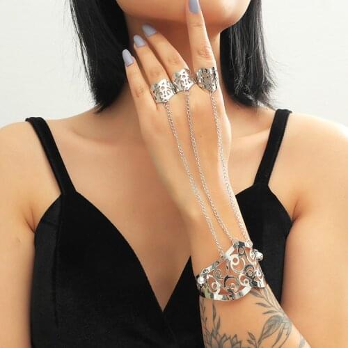 Ethnic Exaggerated Chain Bracelet Connected Finger Ring Palm Silver Color Vintage Womens Ring Bracelet Female Wedding Jewelry