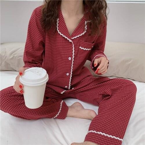 Fdfklak Women Pajamas Set Red Plaid Cardigan+Pants Loose Sleepwear Comfort Cotton Homewear For Autumn Sleeping Suits