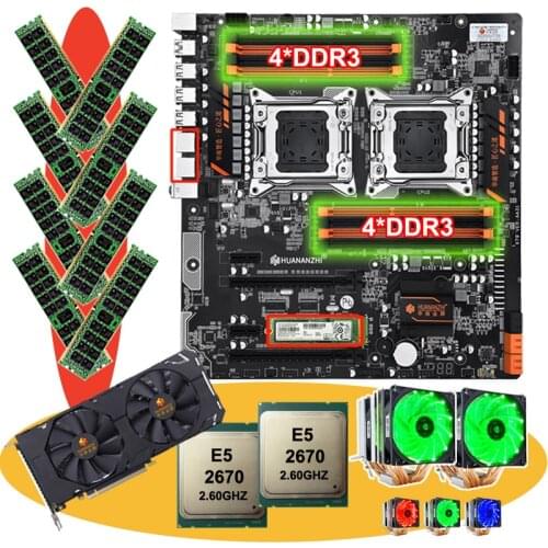 HUANANZHI dual X79 motherboard bundle with M.2 256G SSD video card GTX1660 6G dual CPU Xeon E5 2670 with coolers RAM 64G(8*8G)