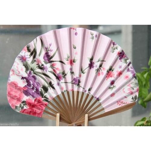 Beautiful Chinese Folding Pink Floral Bamboo Wood Hand Fan Wedding Decor