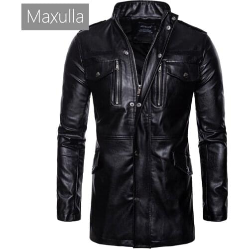 Maxulla New Mens Leather Jackets Casual Mens Long Motorcycle Leather Coats Man Slim Outerwear Leather Biker Jackets Clothing