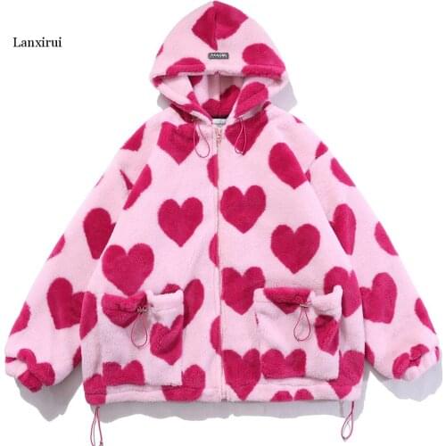 Cute Heart-shaped Print Lambswool Winter Jacket Men Drawstring Pockets Zipper Hooded High Street Warm Couple Streetwear