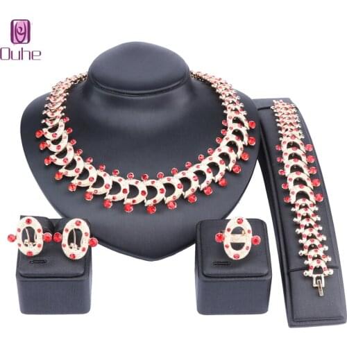 Fashion Dubai Gold Color Crystal Trendy Classic Designs Costume Necklace Earring Bracelet Ring Jewelry Set For Fashion Women