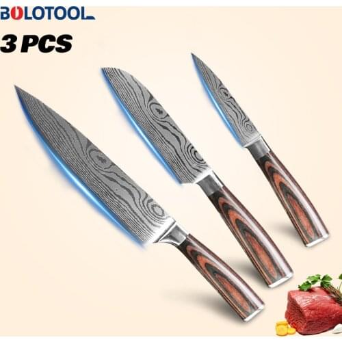 Knife Kitchen Set Damascus Laser Pattern 3PCs Japanese Chef Cleaver Santoku Fish Filleting Fruit Knives 440C Stainless Steel